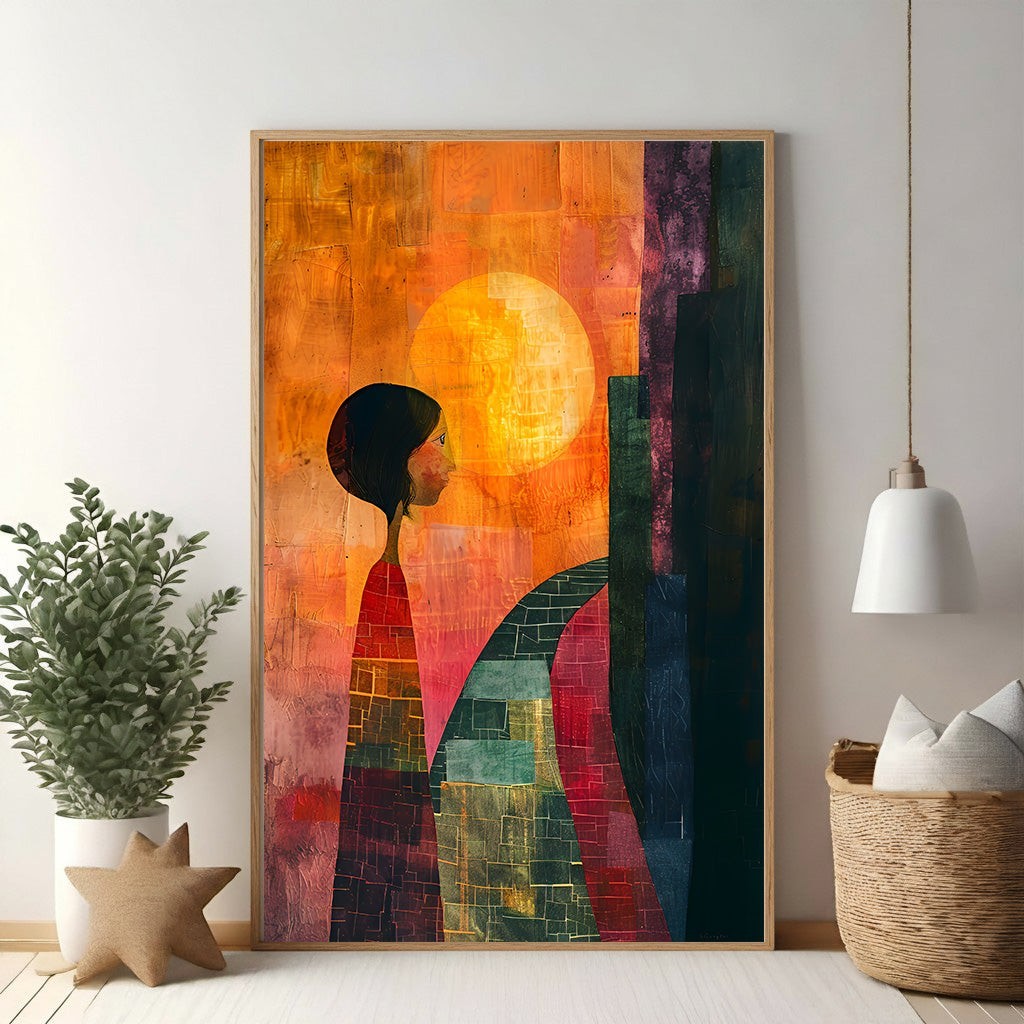 Wadi Home abstract wall art featuring a figure looking at a sun and cityscape in warm oranges, blues, and earthy tones.