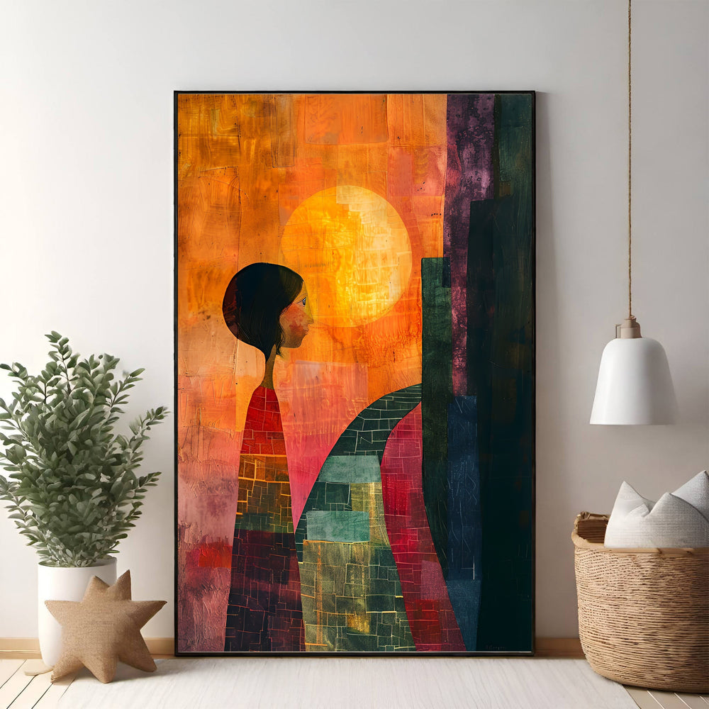Wadi Home abstract wall art featuring a figure looking at a sun and cityscape in warm oranges, blues, and earthy tones.