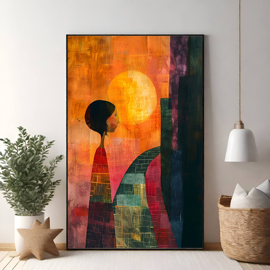 Wadi Home abstract wall art featuring a figure looking at a sun and cityscape in warm oranges, blues, and earthy tones.