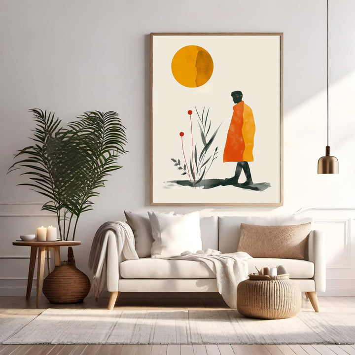 Wadi Home abstract wall art: figure in orange coat walking under a yellow sun with minimalist plants.