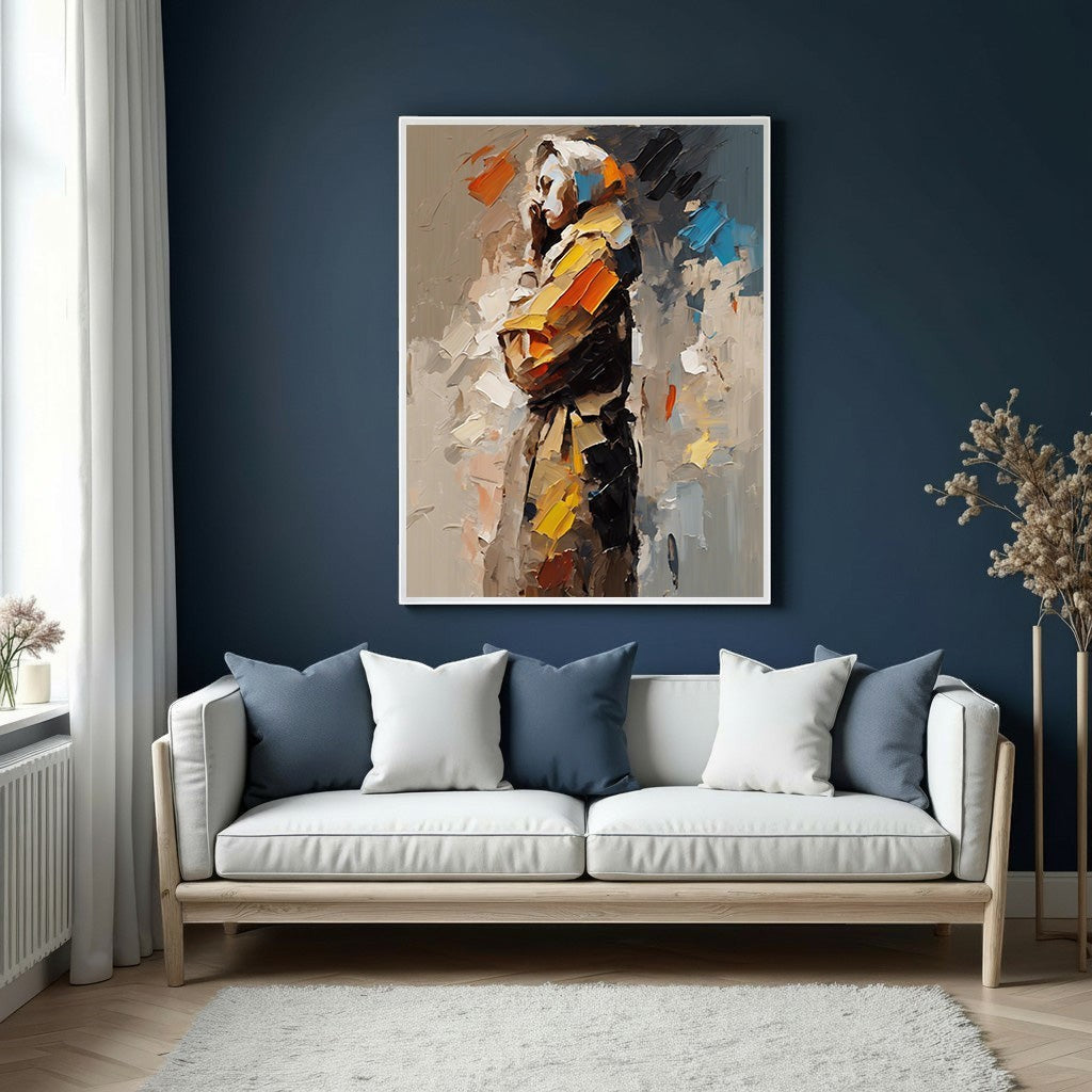 Wadi Home abstract figure in thought canvas wall art with earthy tones, yellow, and blue palette.