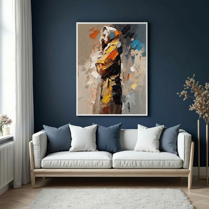 Wadi Home abstract figure in thought canvas wall art with earthy tones, yellow, and blue palette.