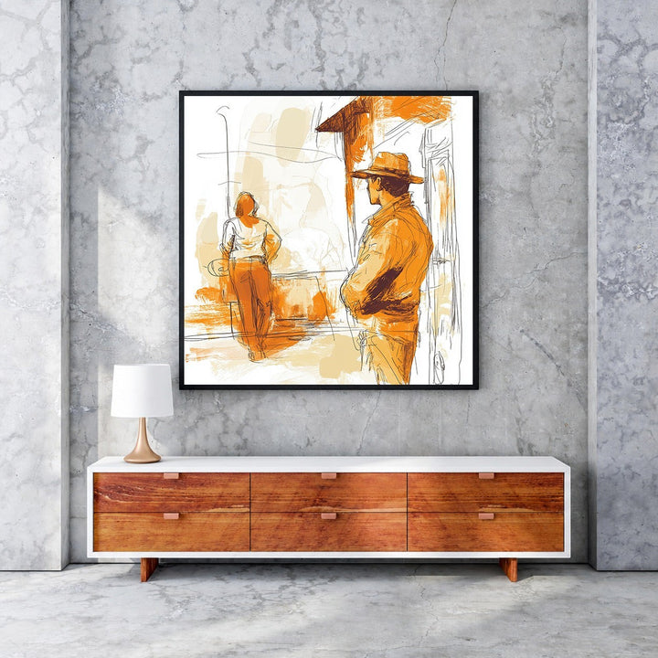 Wadi Home abstract wall art with two figures in warm orange and beige tones, sketch-like style.
