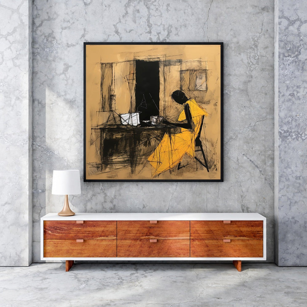 Wadi Home abstract charcoal sketch of a figure in a yellow dress at a desk, earthy background.