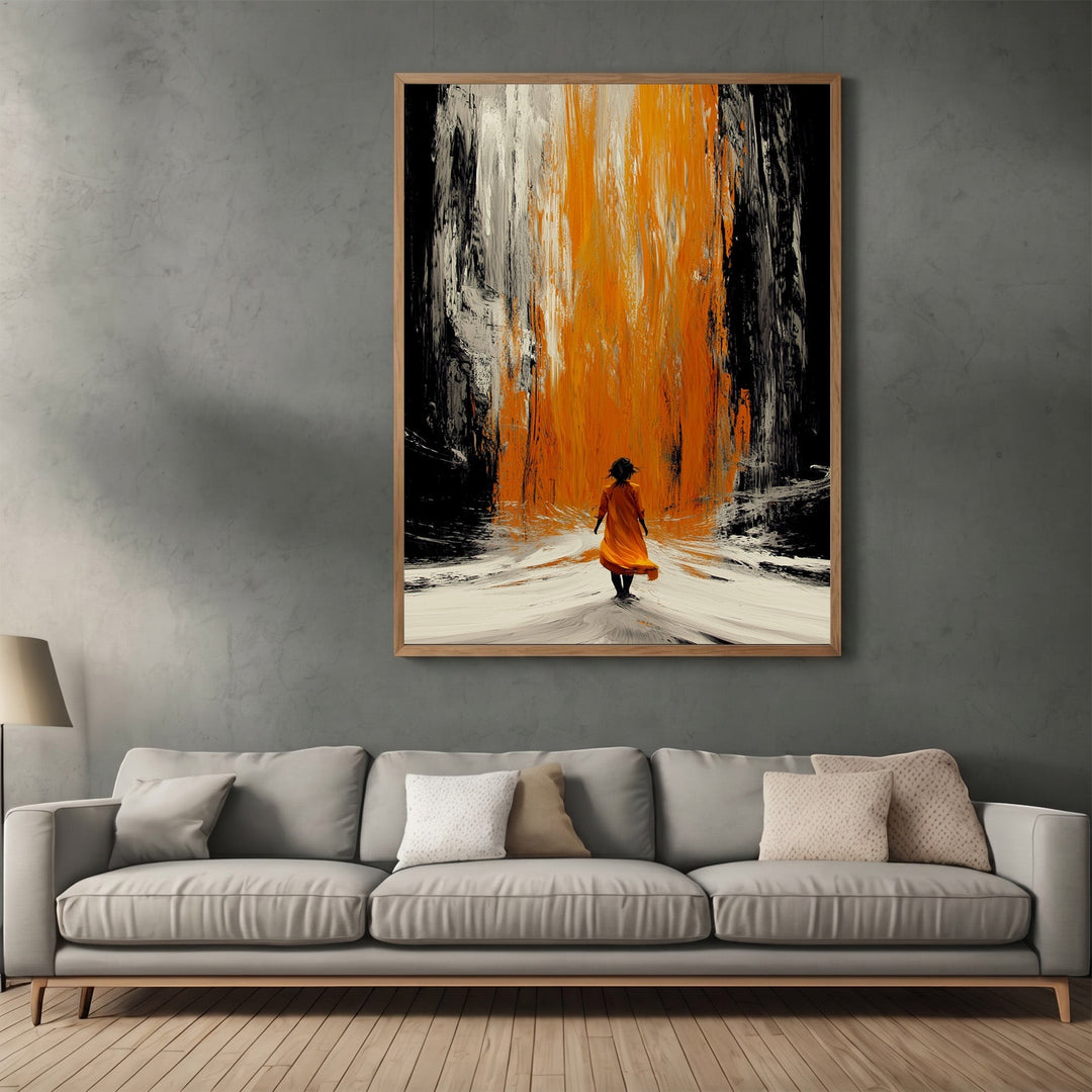 Wadi Home abstract figure wall art print featuring a person walking toward an orange waterfall on a black and white canvas