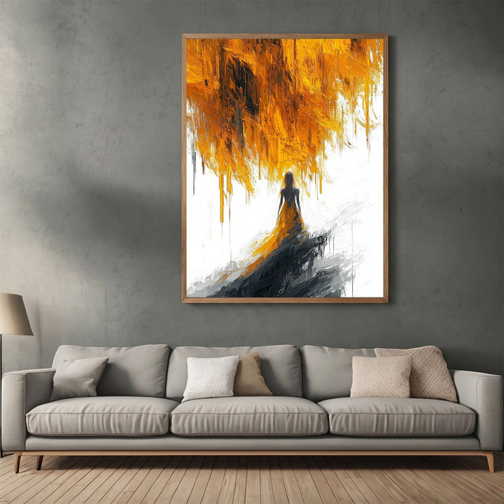 Wadi Home abstract figure wall art print featuring vibrant ochre and charcoal brushstrokes in a modern living room.