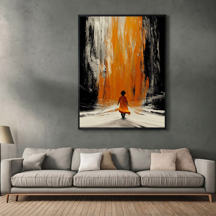 Wadi Home abstract figure wall art print featuring a person walking toward an orange waterfall on a black and white background.