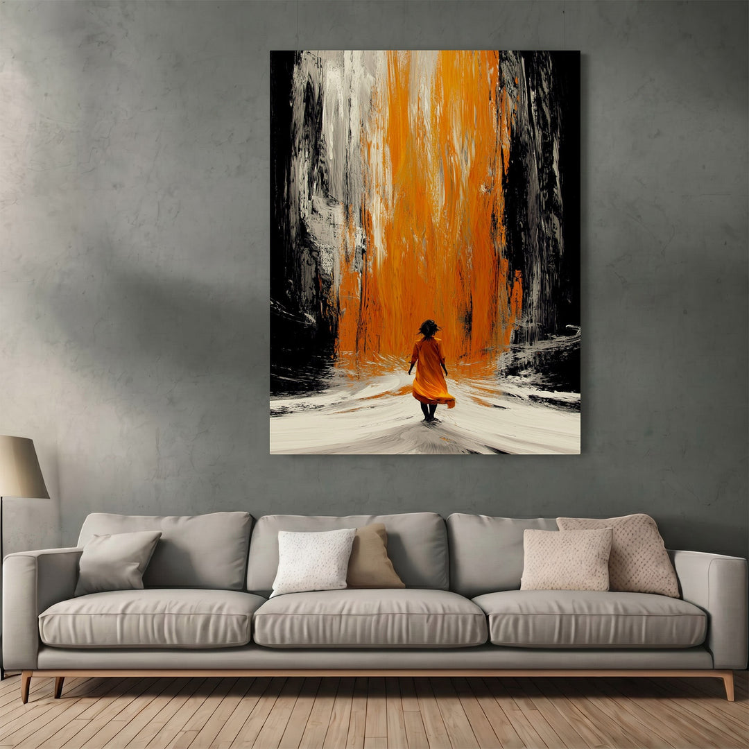 Wadi Home abstract wall art print featuring a figure walking toward an orange waterfall on a black and white background.