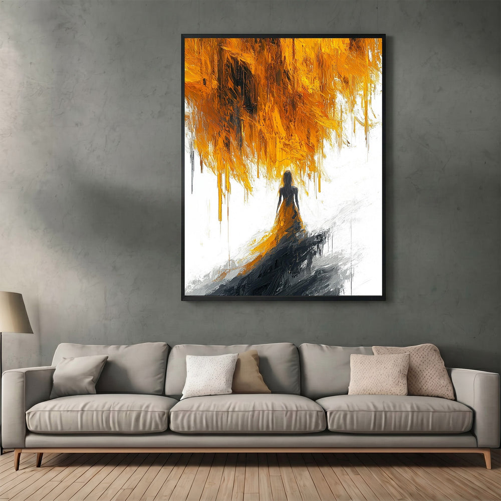 Wadi Home abstract figure wall art print featuring vibrant ochre and charcoal brushstrokes in a modern living room.