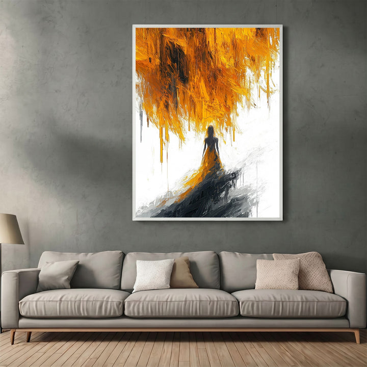 Wadi Home abstract figure wall art print featuring vibrant ochre and charcoal brushstrokes in a modern living room.