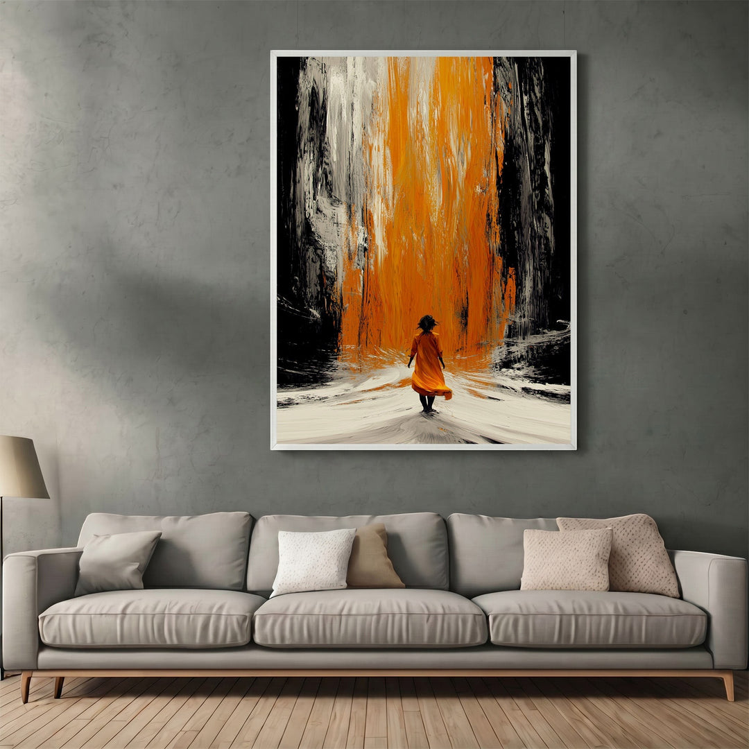 Wadi Home abstract figure wall art print featuring a person walking toward an orange waterfall on a black and white background.
