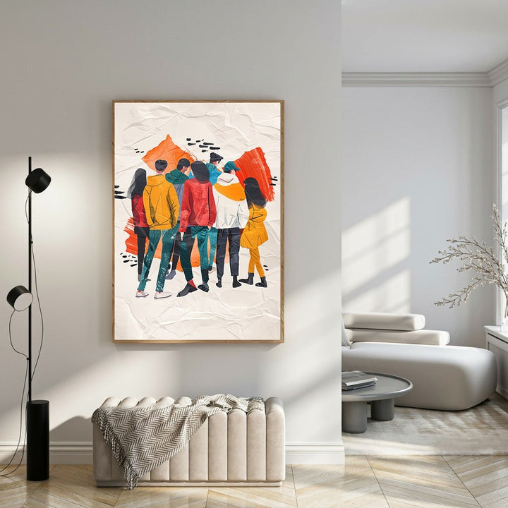 Wadi Home abstract artwork featuring a group of figures in vibrant colors with textured brushstrokes on a crumpled paper background.