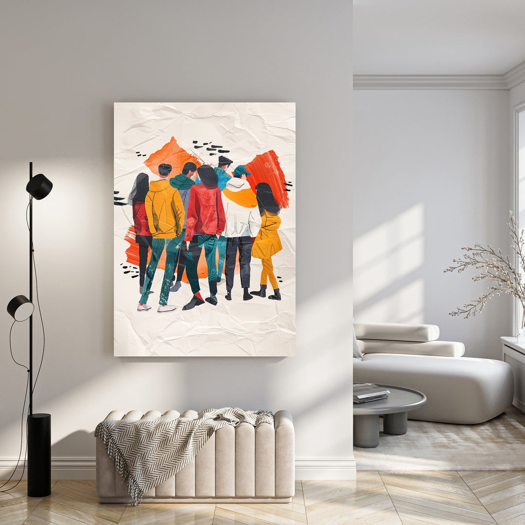 Wadi Home abstract artwork featuring a group of figures in vibrant yellow, red, and blue, with textured orange accents on a crumpled paper background.