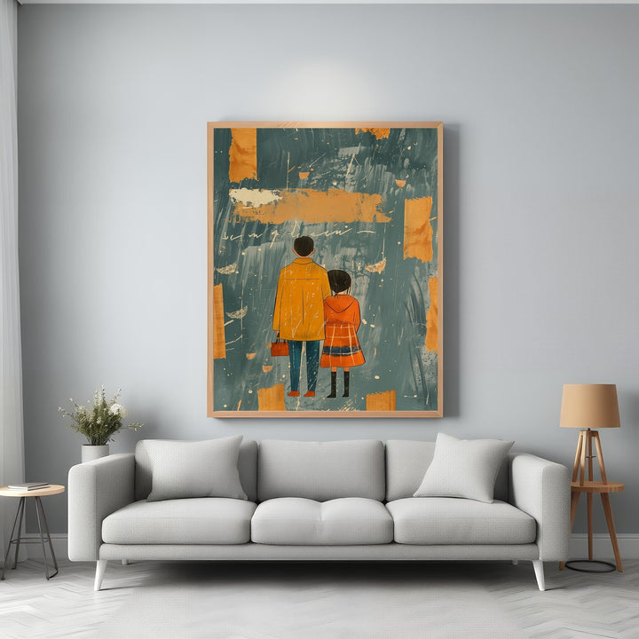 Wadi Home abstract wall art featuring two figures in coats against a teal and burnt orange background.