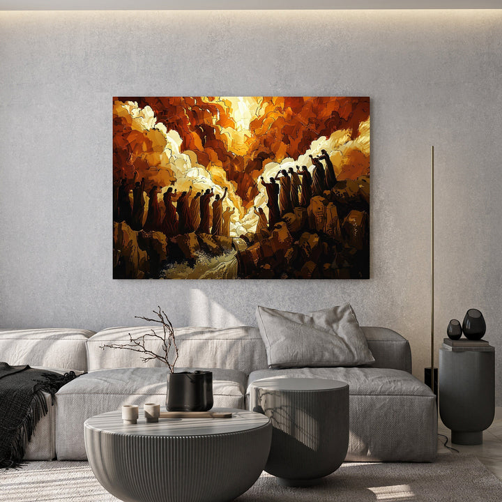 Wadi Home abstract art canvas print of silhouetted figures in dramatic warm light, fiery oranges, yellows, and browns.
