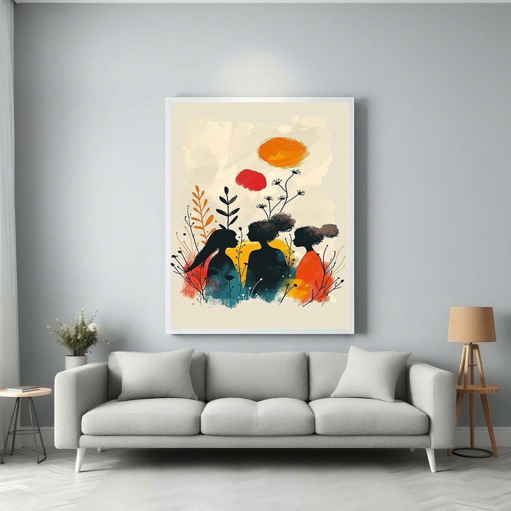 Wadi Home abstract wall art featuring silhouetted figures in a garden with warm earthy tones and pops of orange and red.