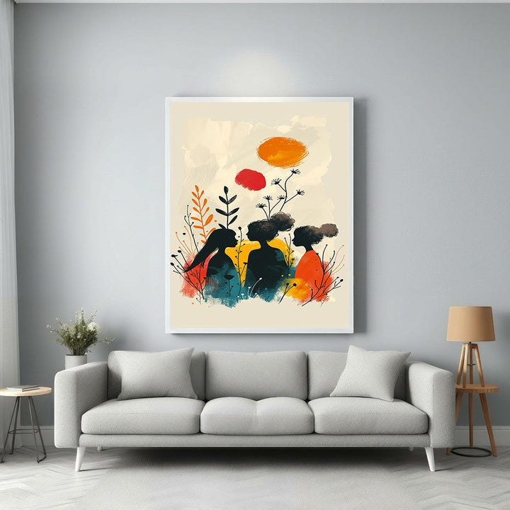 Wadi Home abstract wall art featuring silhouetted figures in a garden with warm earthy tones and pops of orange and red.