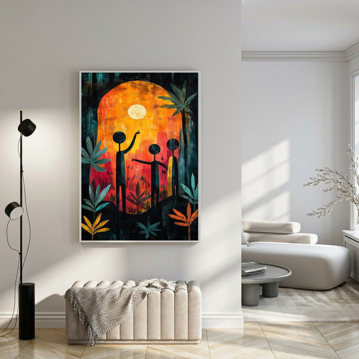 Wadi Home abstract canvas print featuring silhouetted figures under a vibrant orange moonlit sky with lush foliage. Rich colors of orange, blue, and red.
