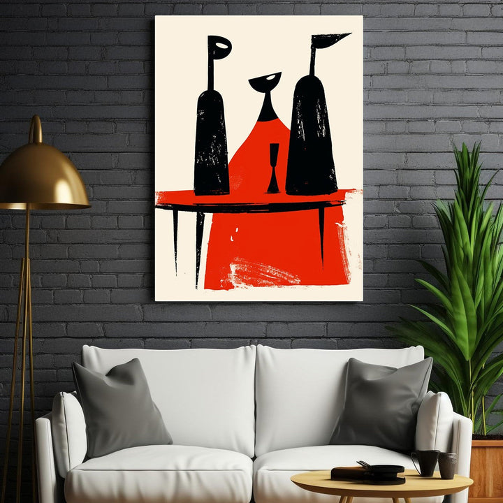 Wadi Home abstract wall art with black figures on a red table against a cream background. Modern minimalist design.