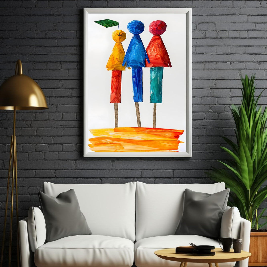 Wadi Home abstract wall art featuring three figures in red, blue, and yellow on sticks with a green flag.
