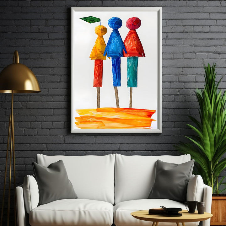 Wadi Home abstract wall art featuring three figures in red, blue, and yellow on sticks with a green flag.