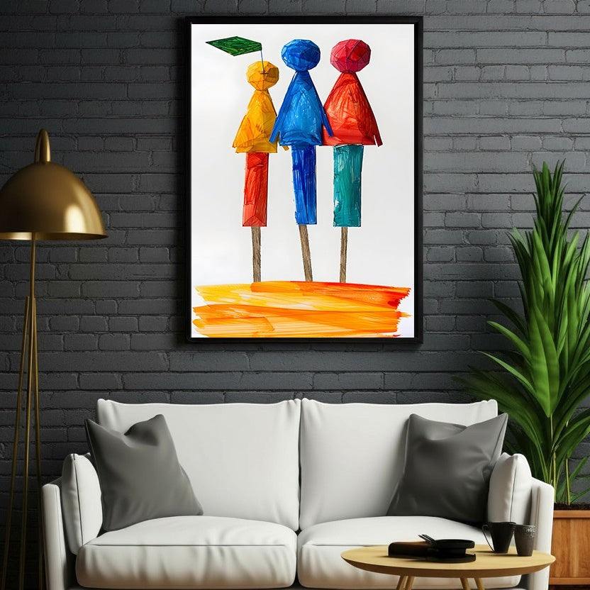 Wadi Home abstract wall art featuring three figures in red, blue, and yellow on sticks, with a green flag.