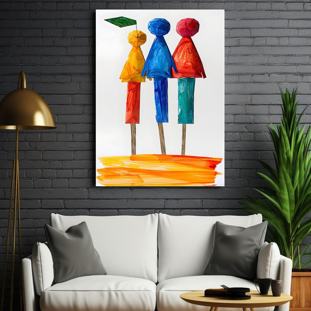 Wadi Home abstract wall art with three figures in red, blue, and yellow on sticks, with orange brushstrokes below.