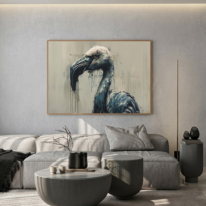 Wadi Home abstract flamingo wall art print in moody blue and charcoal tones displayed in a modern living room.