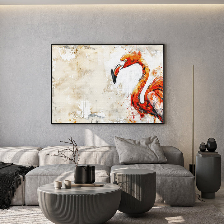 Wadi Home abstract flamingo wall art print with bold orange and red strokes on a neutral textured background in a living room