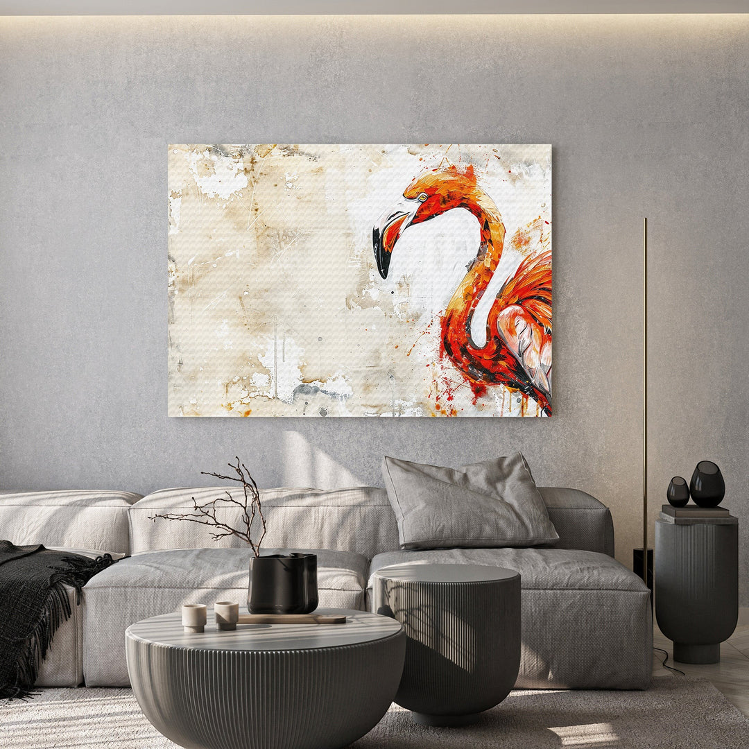 Wadi Home abstract flamingo wall art print with bold orange and red strokes on a textured neutral background in a living room.