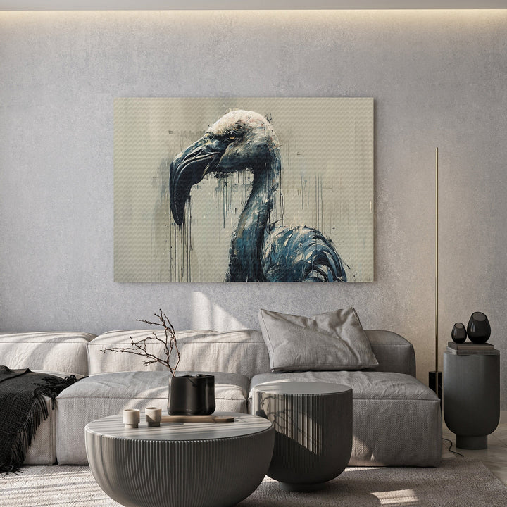 Wadi Home abstract flamingo wall art print in moody blue and charcoal tones displayed above a modern grey sofa.