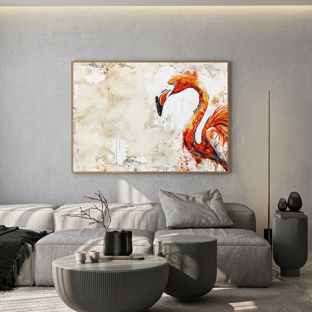 Wadi Home abstract flamingo wall art print with bold orange and red strokes on a neutral textured background.