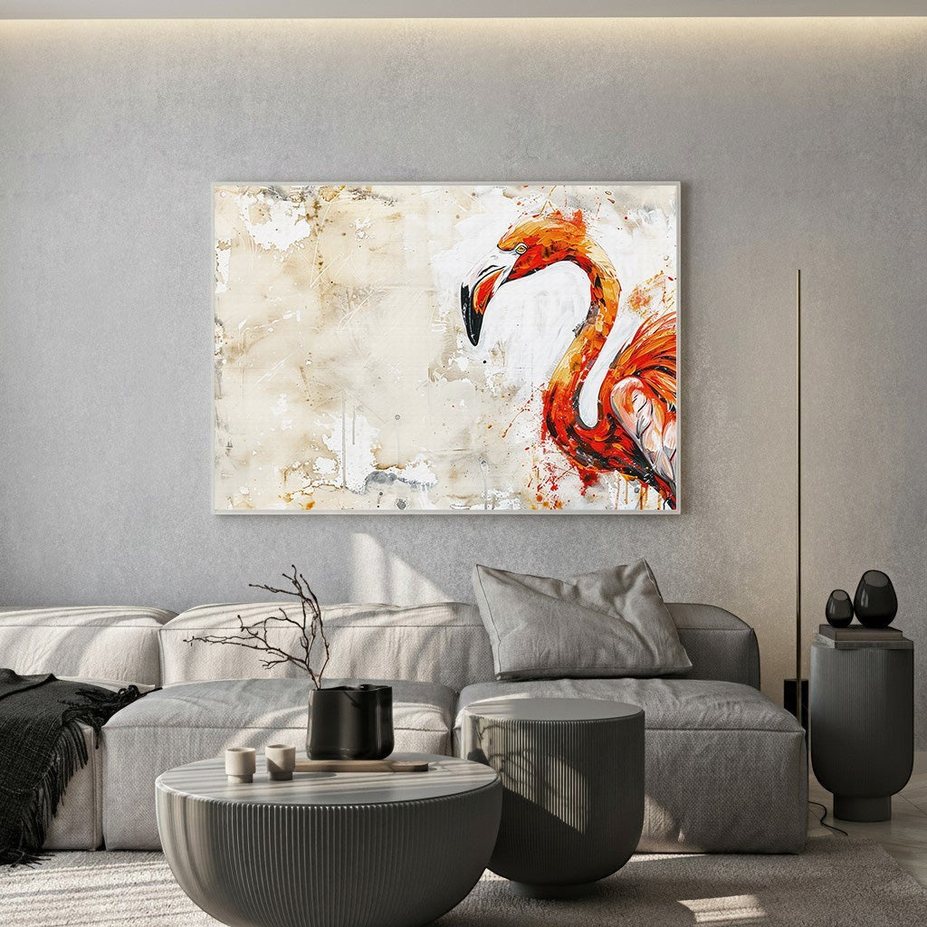 Wadi Home abstract flamingo wall art print with bold orange and red strokes on a neutral textured background