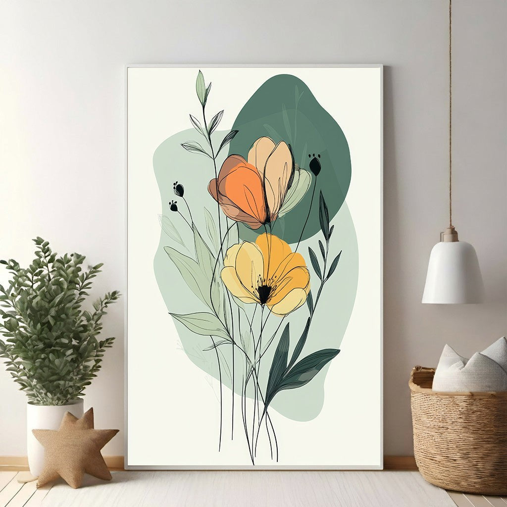 Wadi Home abstract floral botanical line art print with orange and yellow flowers and green foliage.