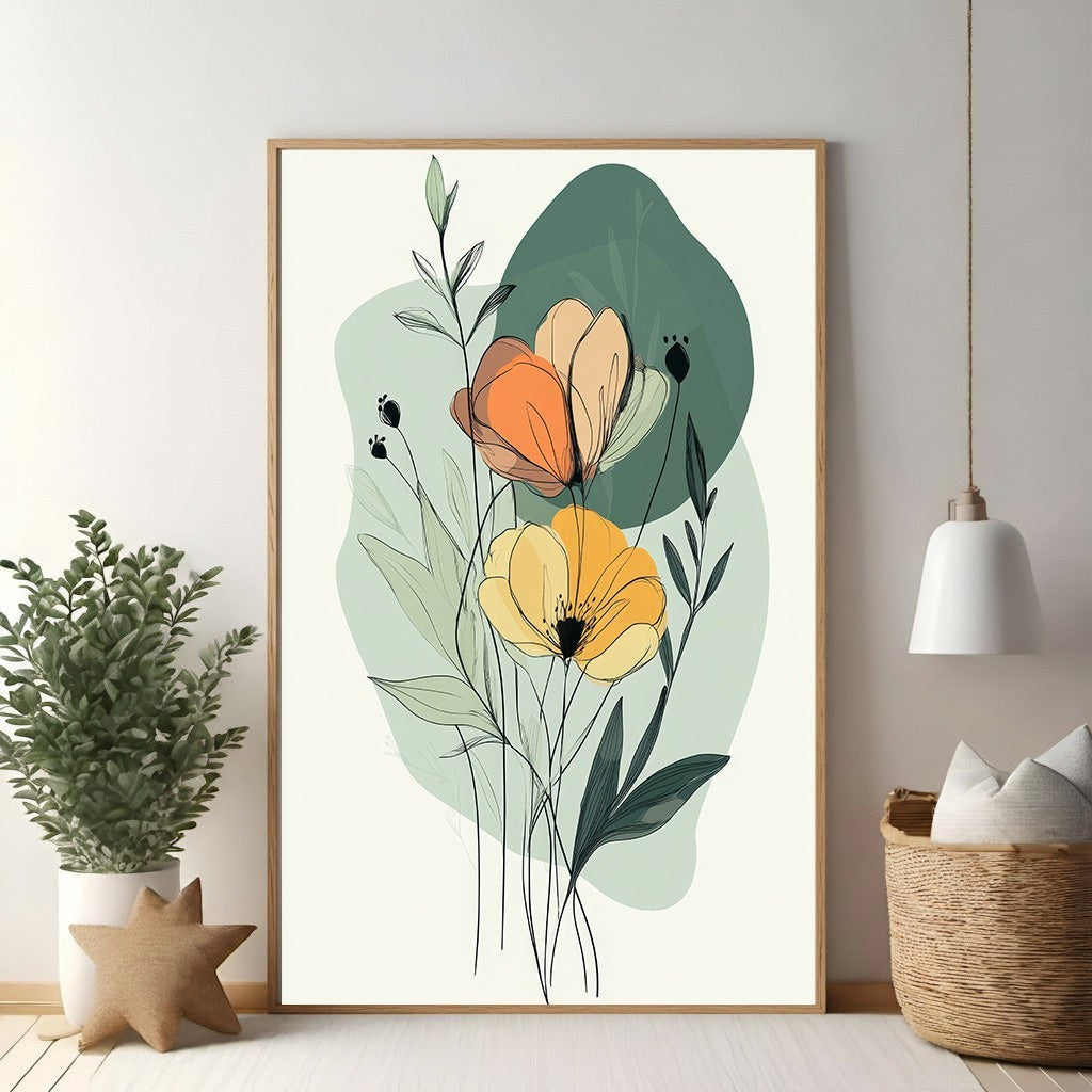Wadi Home abstract floral botanical line art print with orange and yellow flowers and green foliage.