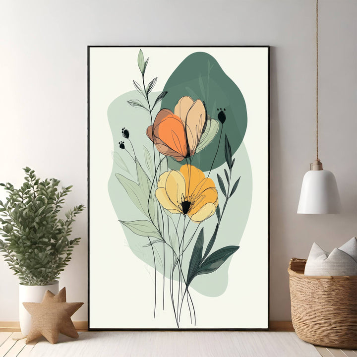 Wadi Home abstract floral botanical line art print with orange and yellow flowers and green foliage.