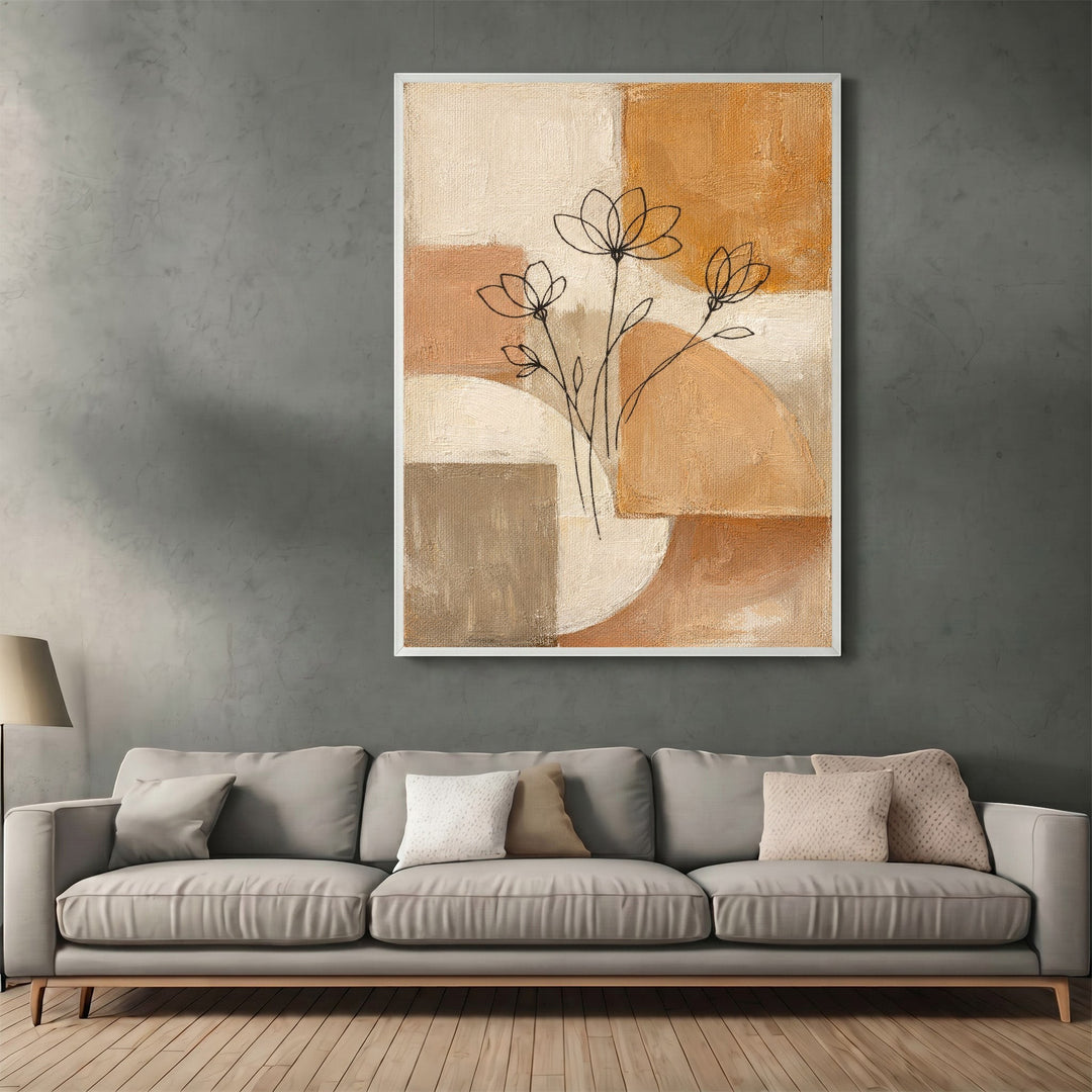 Wadi Home abstract floral canvas wall art with terracotta and beige geometric shapes hanging above a modern sofa.
