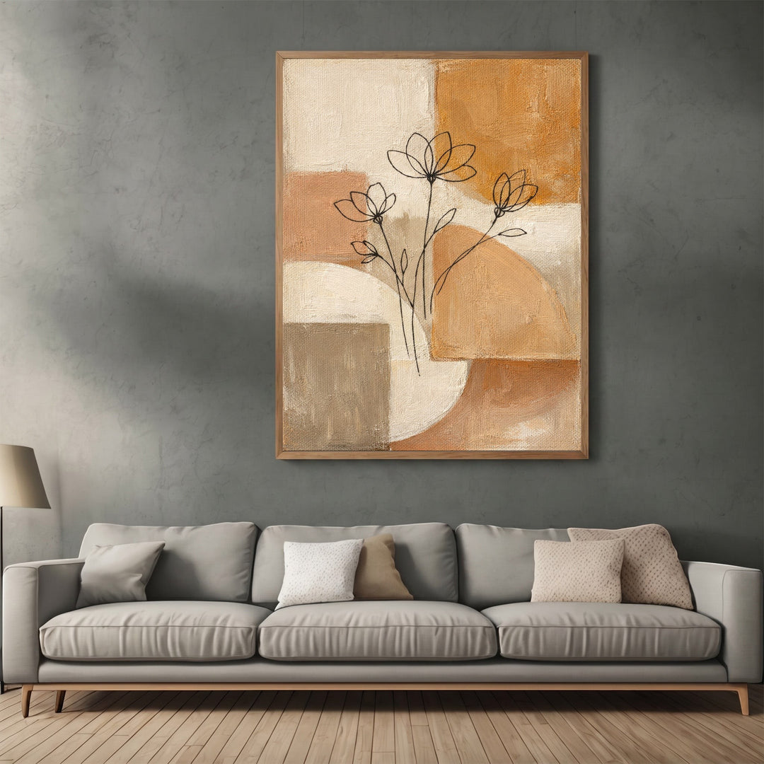 Wadi Home abstract floral canvas wall art with terracotta and beige geometric shapes hanging above a modern sofa.