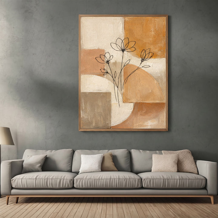 Wadi Home abstract floral canvas wall art with terracotta and beige geometric shapes hanging above a modern sofa.