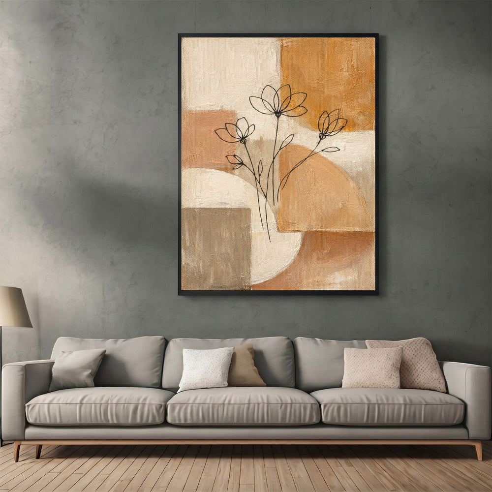Wadi Home abstract floral canvas wall art with terracotta and beige geometric shapes and minimalist black line art.