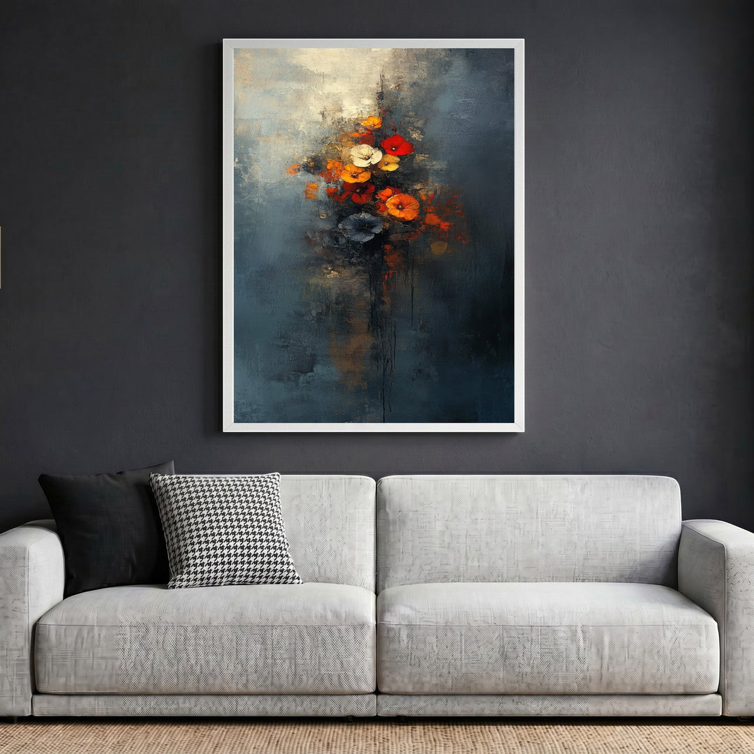Wadi Home abstract floral bouquet framed wall art with vibrant red and orange flowers on a moody dark blue background.