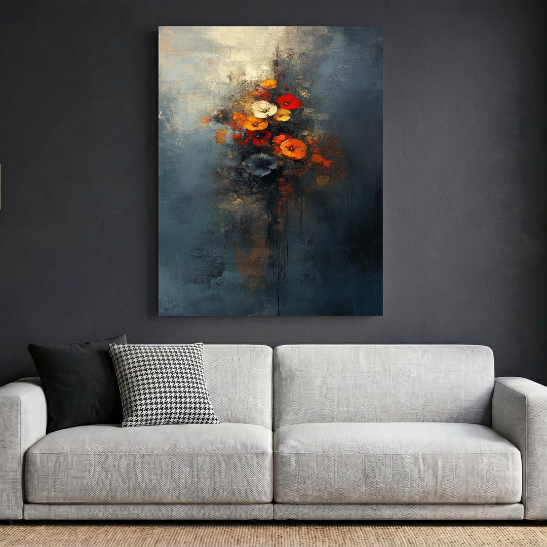 Wadi Home abstract floral bouquet framed wall art with vibrant orange and red flowers on a moody dark blue background.