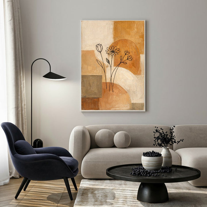 Wadi Home abstract floral line art canvas print in beige, tan, and rust. Minimalist floral outlines on textured abstract background.
