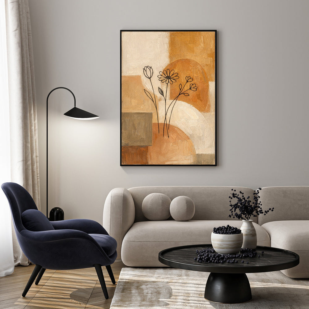 Wadi Home abstract floral line art canvas print in beige, tan, and rust with minimalist flower outlines.