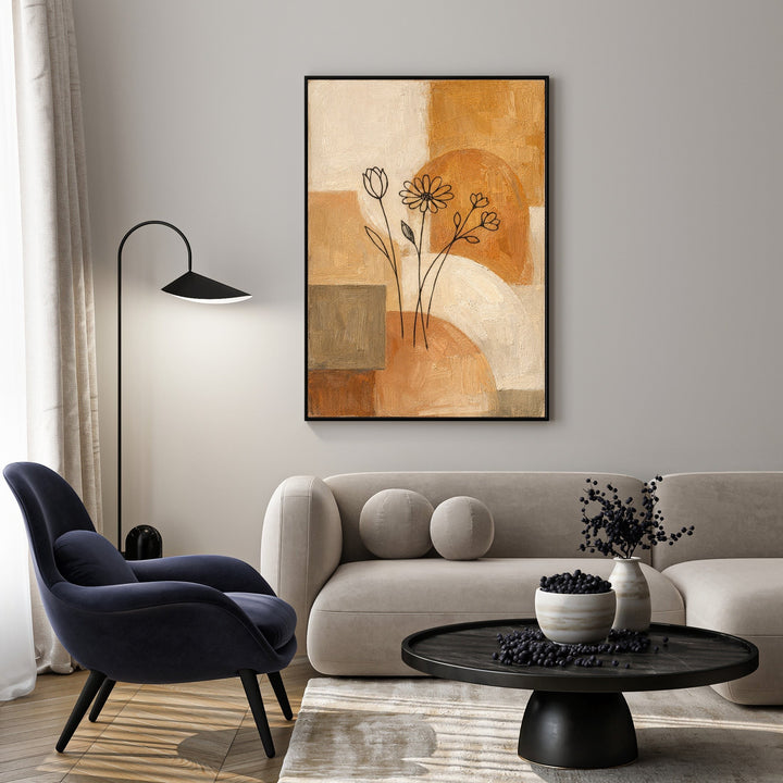 Wadi Home abstract floral line art canvas print in beige, tan, and rust with minimalist flower outlines.