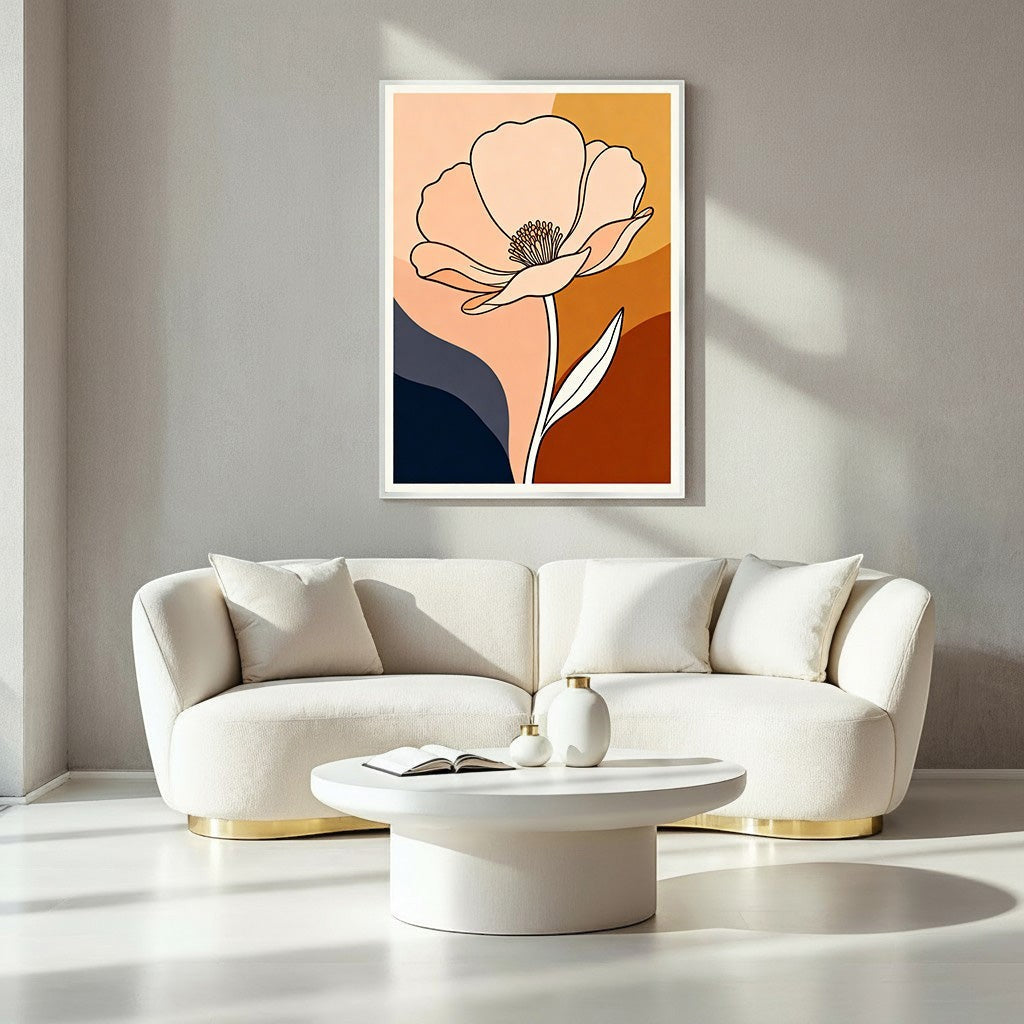 Wadi Home abstract floral line art wall decor with a peach poppy against a background of terracotta, navy, and blush.