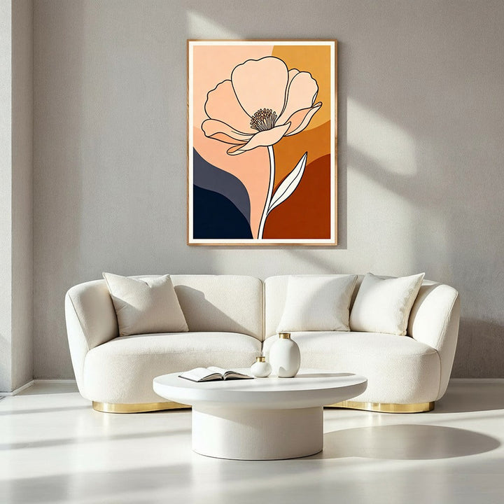 Wadi Home abstract floral line art wall decor with a peach poppy on a background of terracotta, navy, and blush tones.