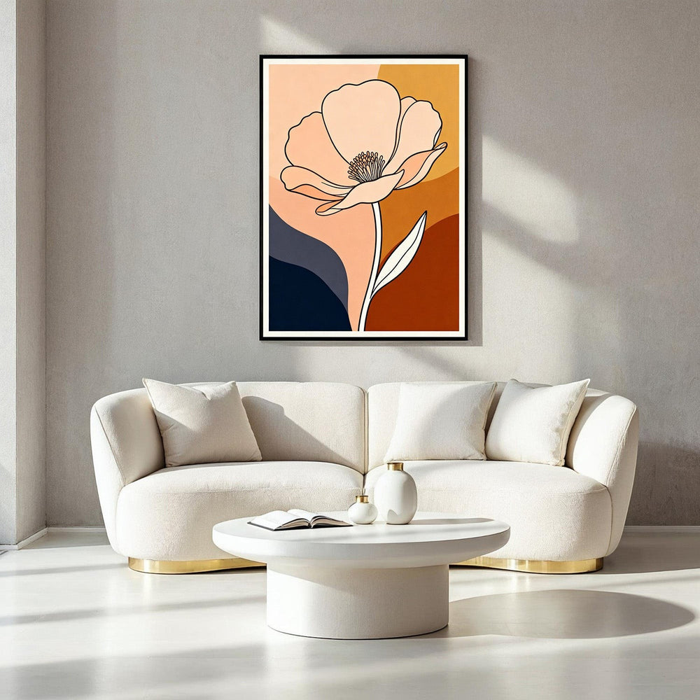 Wadi Home abstract floral line art wall decor with poppy in terracotta, navy, and blush tones.