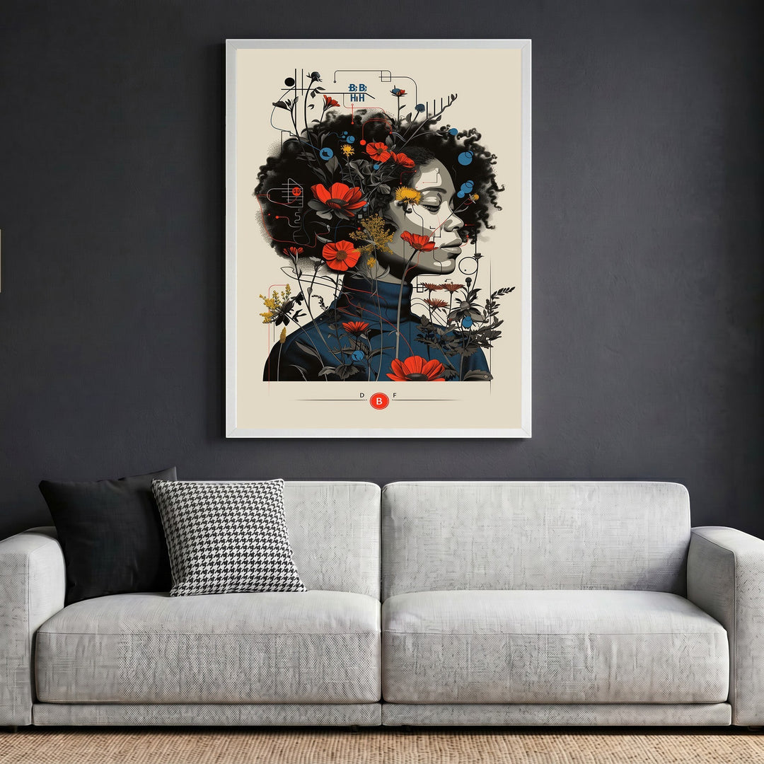 Wadi Home abstract floral portrait wall art print featuring a woman with red flowers and geometric lines in a white frame