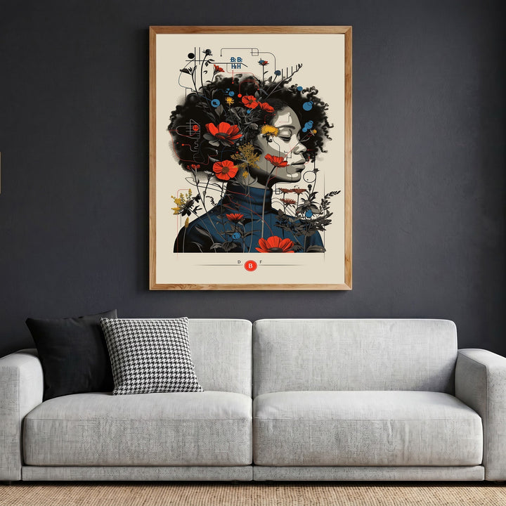 Wadi Home abstract floral portrait wall art print with red flowers and geometric lines in a wooden frame above a sofa.
